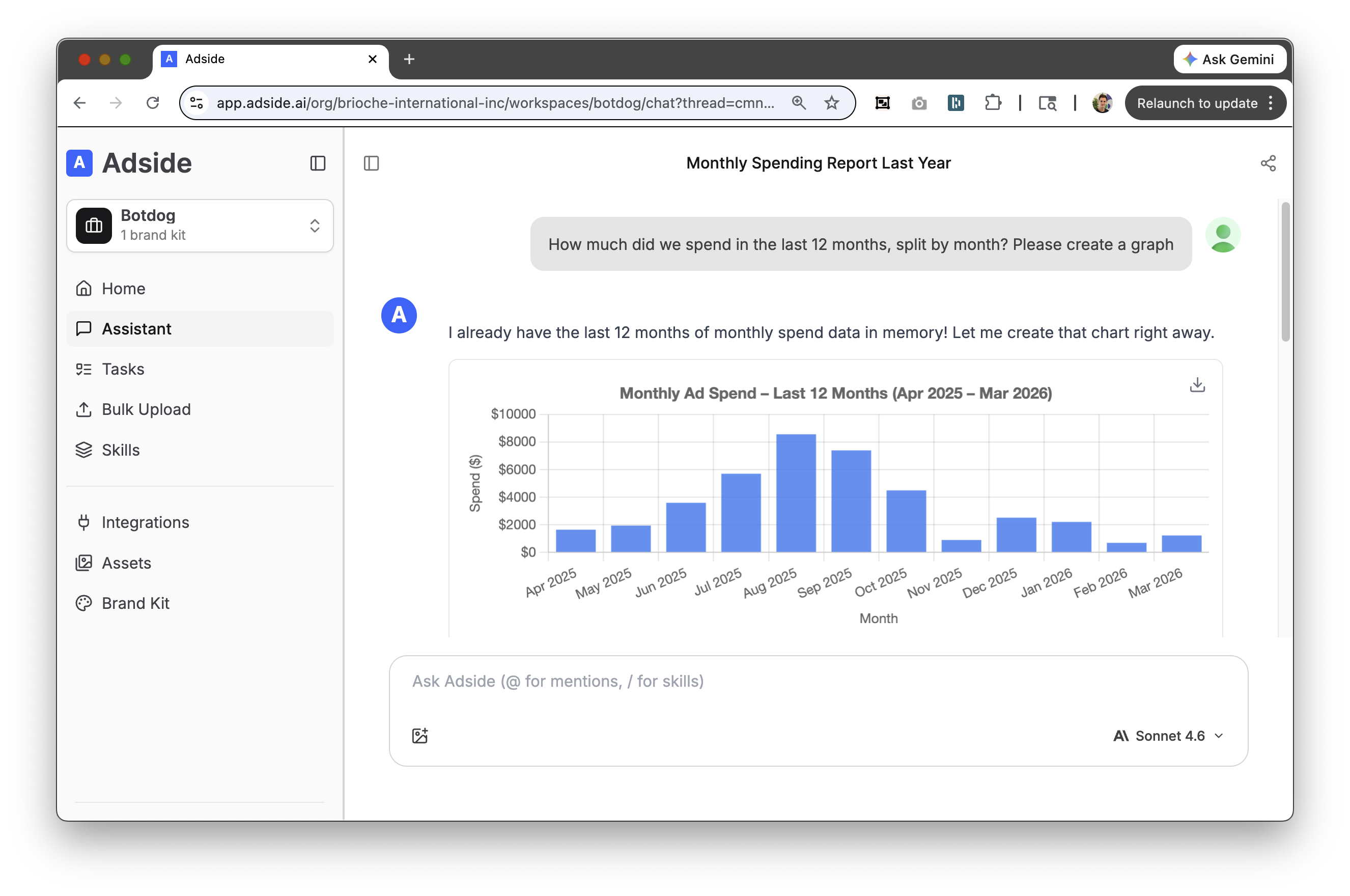 Adside AI assistant creating monthly spending reports and analyzing ad performance data