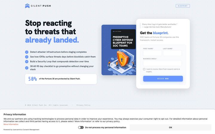 Landing page of Silent Push
