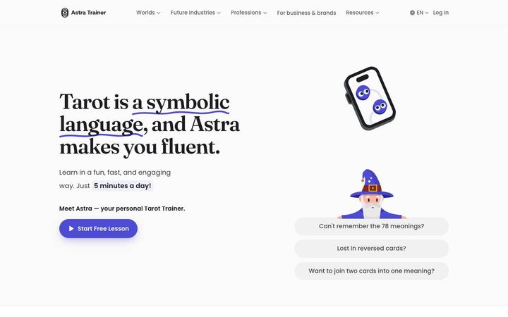 Landing page of Astra Trainer