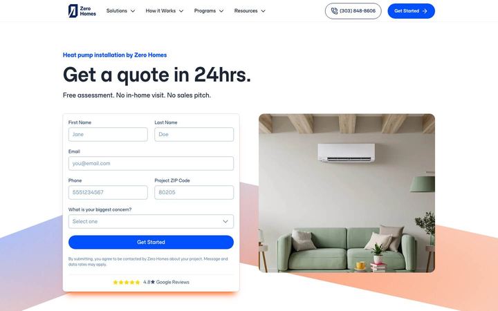 Landing page of Zero Homes